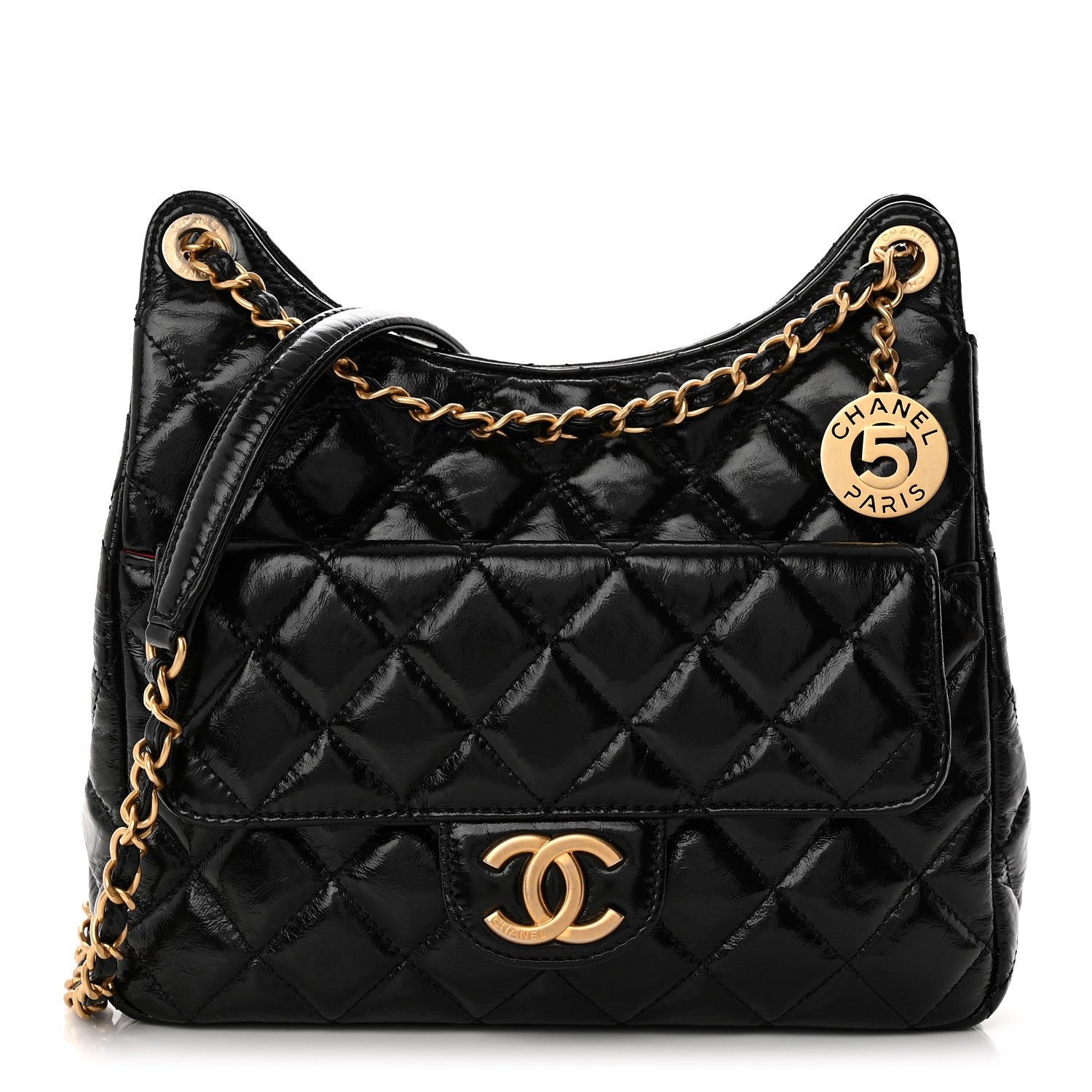 Chanel Shiny Crumpled Calfskin Quilted Wavy CC Hobo Black