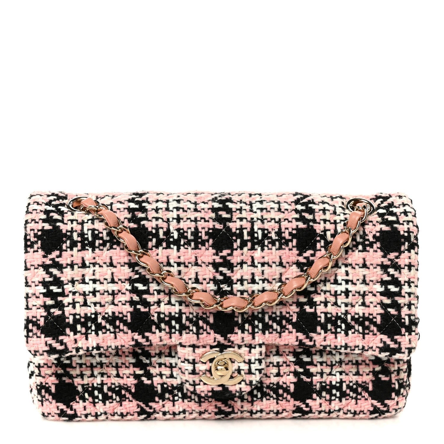 Chanel Tweed Quilted Medium Double Flap Pink Black White