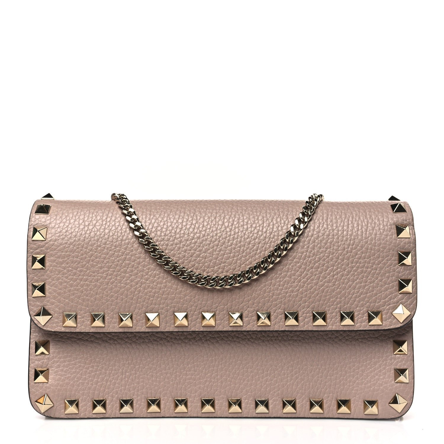 Valentino Garavani Pebbled Calfskin Rockstud Flap Wallet On Chain Poudre