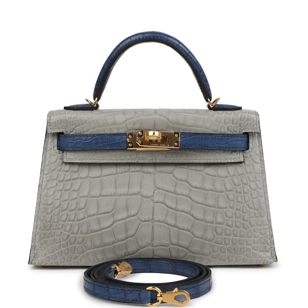 Hermes Pre-owned Hermes Special Order (HSS) Kelly Sellier 20 Gris Perle and Bleu de Malte Matte Alligator Gold Hardware