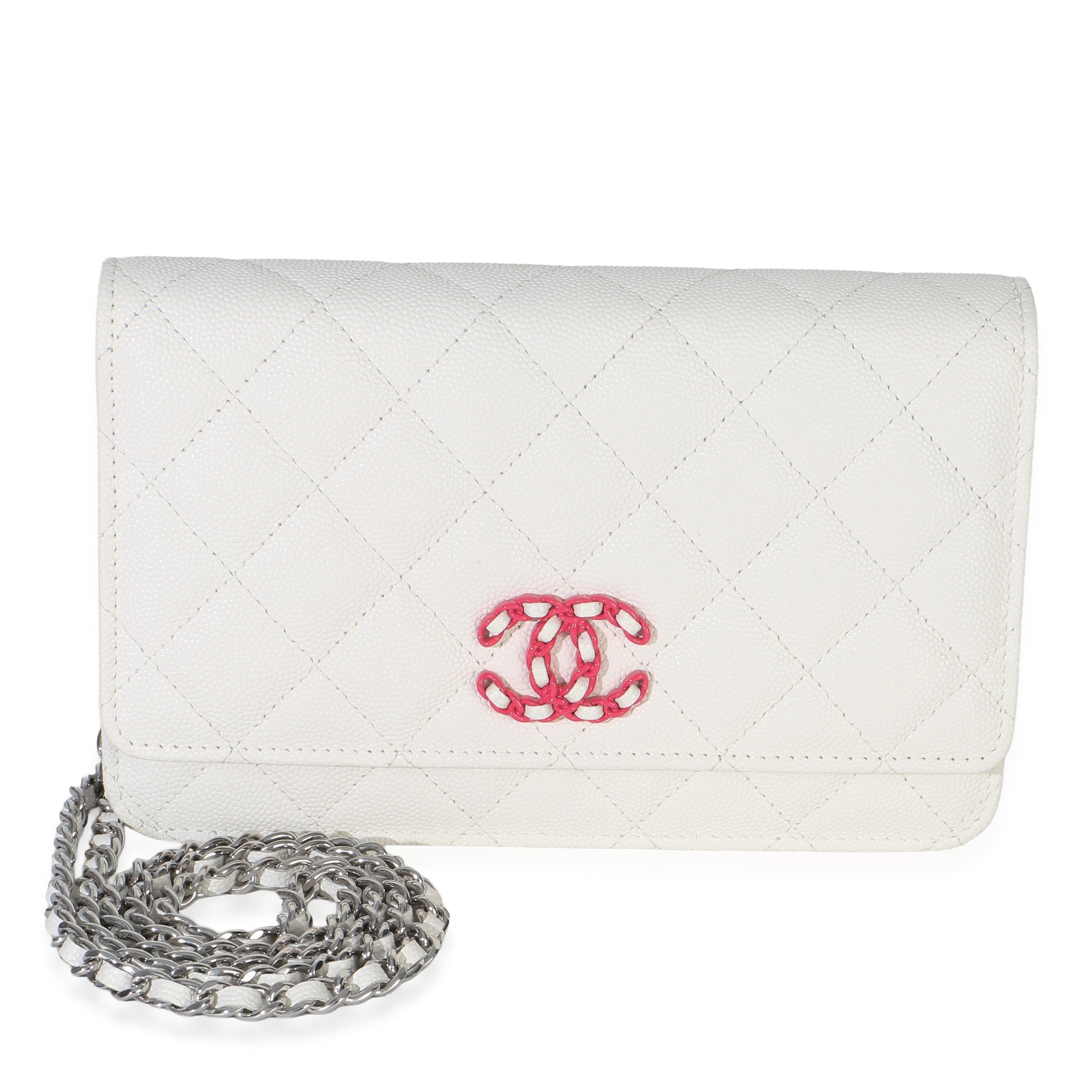 White Pink Quilted Caviar Woven CC Wallet On Chain