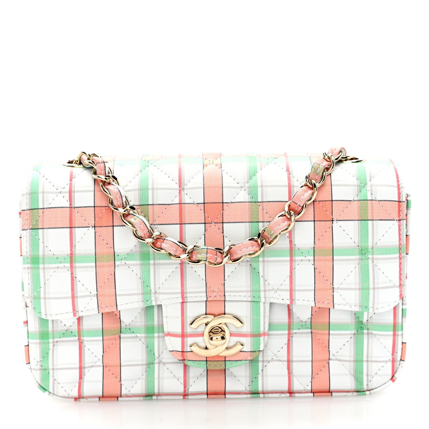Chanel Calfskin Quilted Plaid Printed Small Single Flap White Multicolor