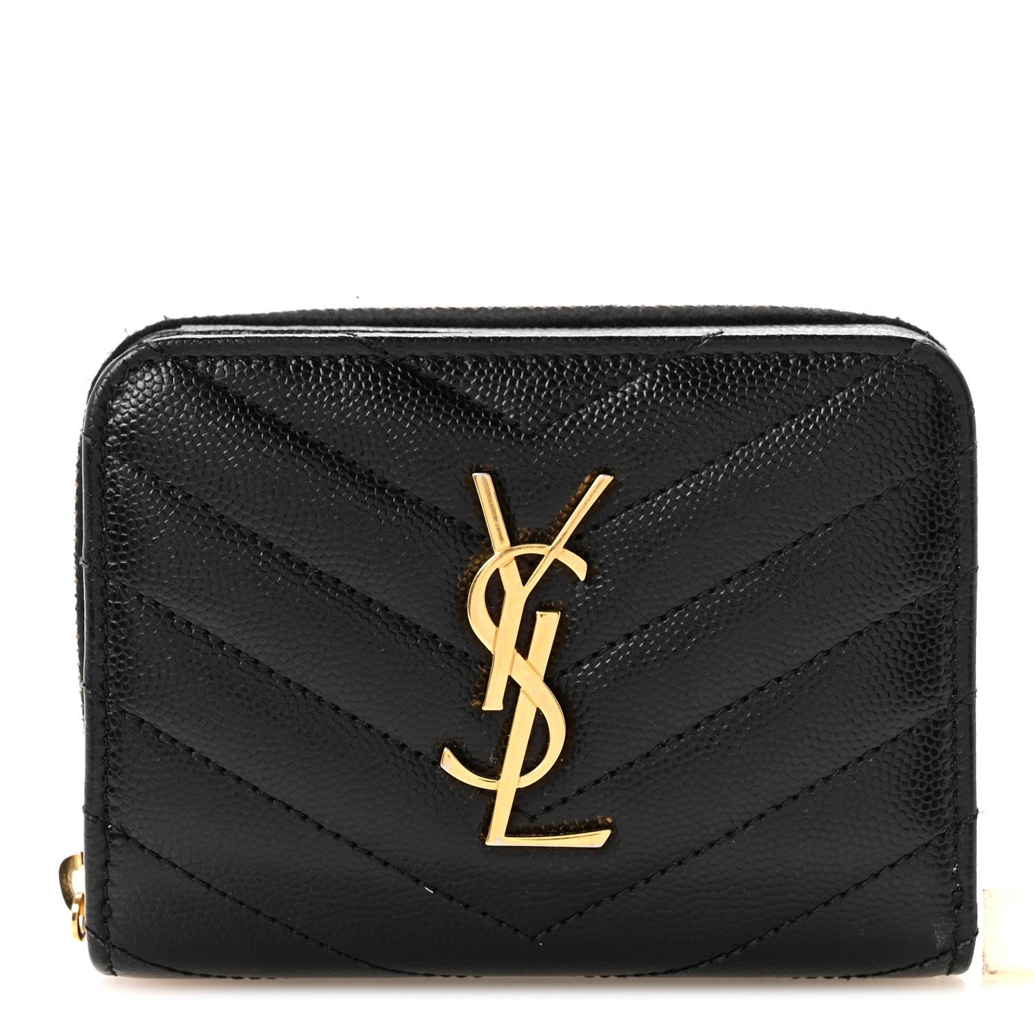 Saint Laurent Saint Laurent Grain De Poudre Matelasse Chevron Monogram Compact Zip Around Wallet Black