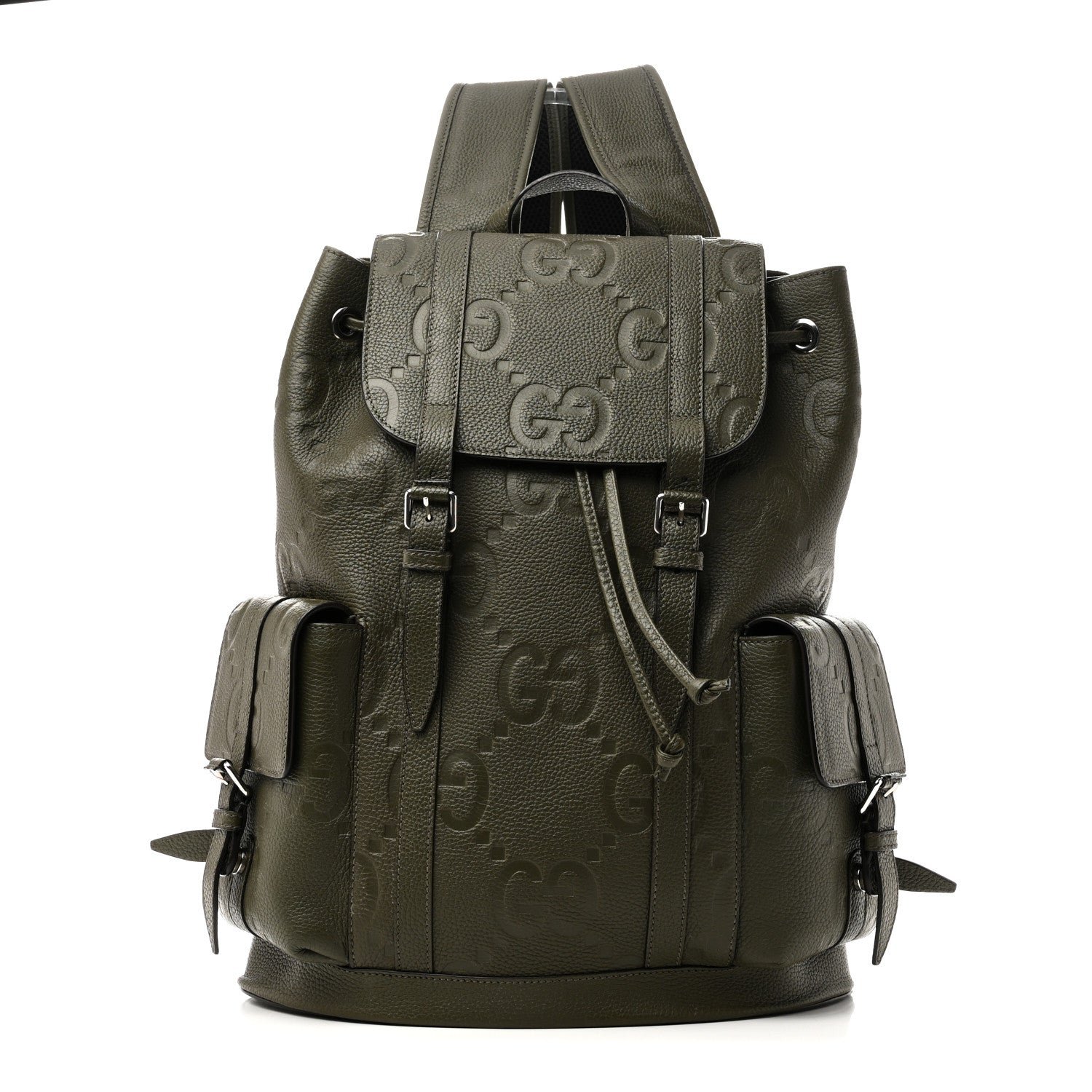Gucci Piuma Calfskin Jumbo GG Embossed Double Buckle Backpack Dark Vintage Olive