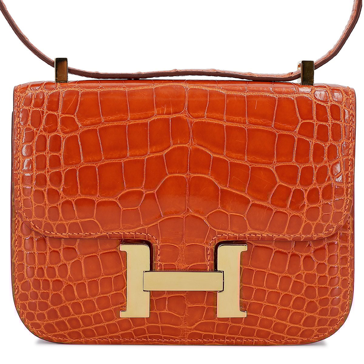 Hermes HERMÈS Alligator Micro Constance 14 crossbody bag in Orange with Gold hardware