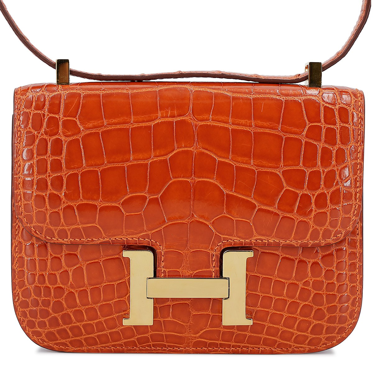 HERMÈS Alligator Micro Constance 14 crossbody bag in Orange with Gold hardware