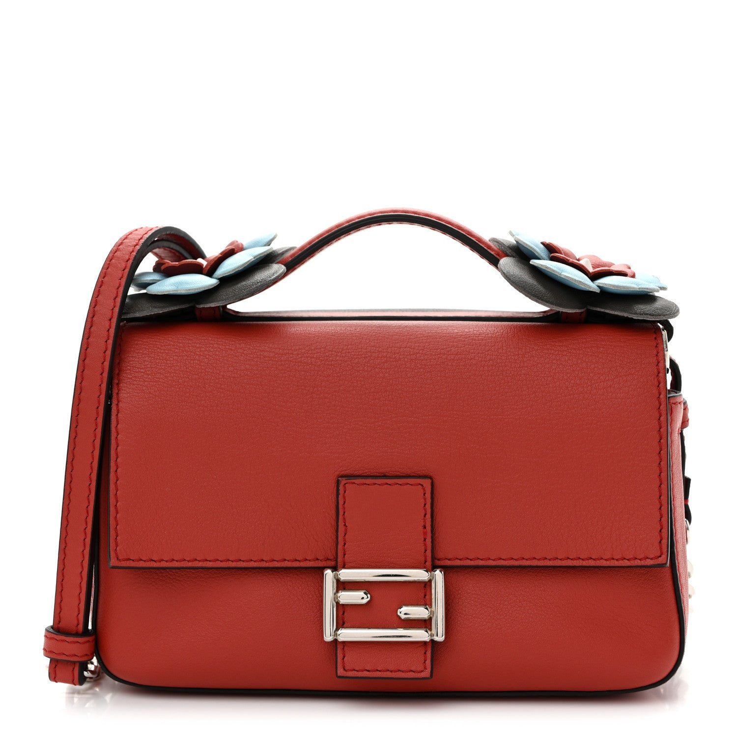 Fendi Vitello Dolce Flowerland Bi-Color Studded Micro Double Baguette Bloody Mary Carbone