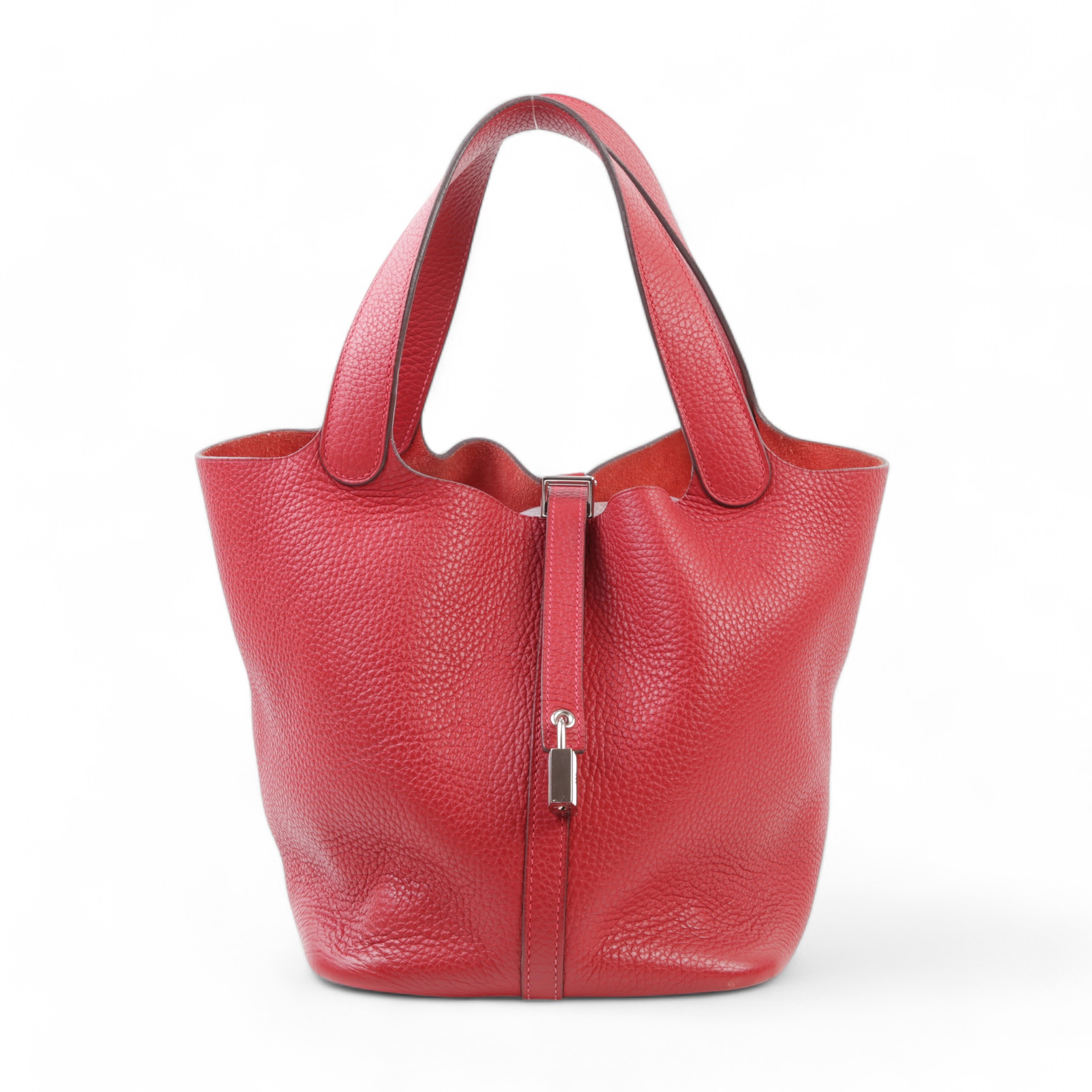 Hermes Good ( Rank AB) HERMÈS Picotin Lock MM Rouge Casaque (Q5) Clemence Palladium hardware Square Q (2013)