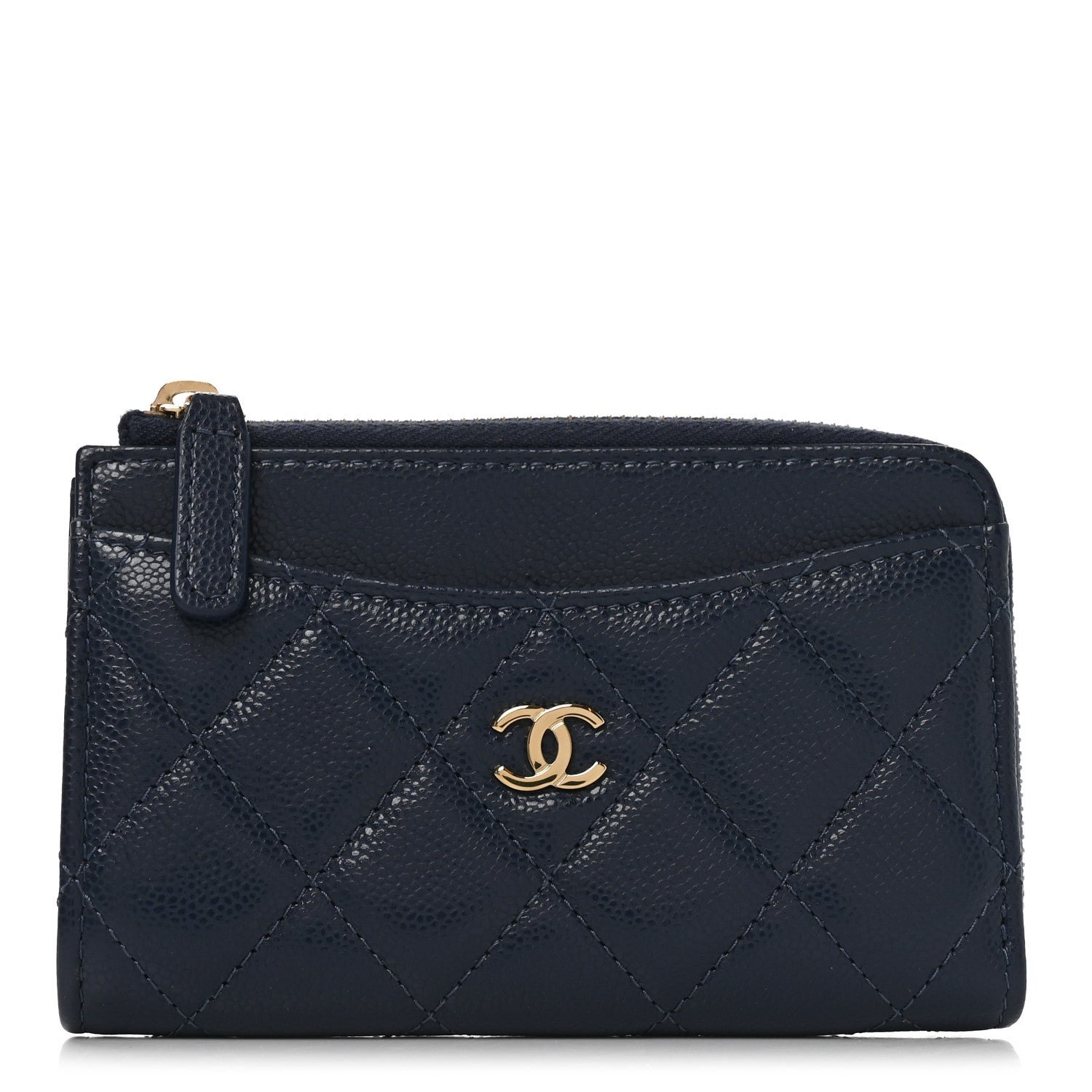 Chanel Caviar Quilted CC Zip Around Card Holder Navy