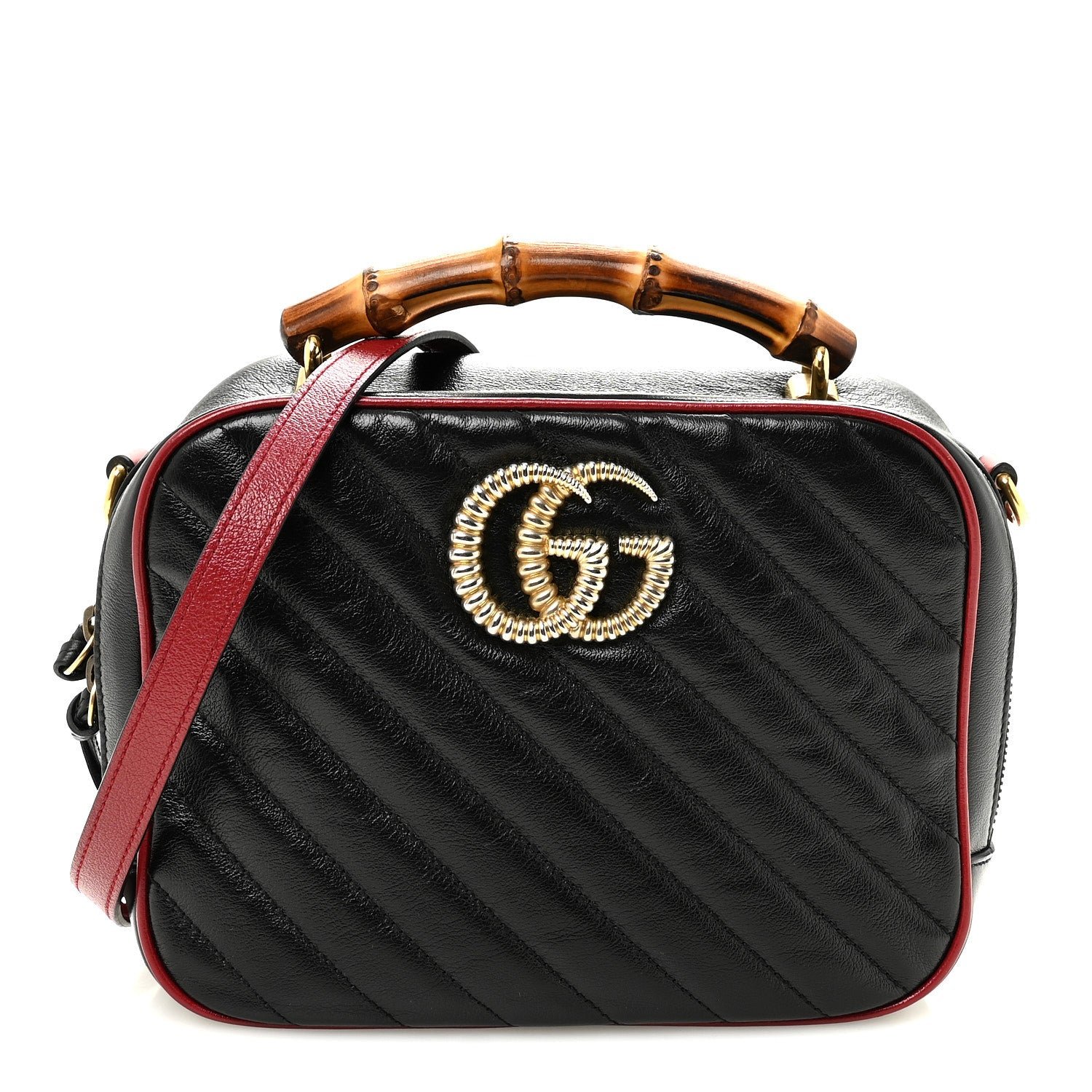 Gucci Vintage Effect Calfskin Matelasse Diagonal Small Torchon GG Marmont Bamboo Top Handle Shoulder Bag Black Romantic Cherry