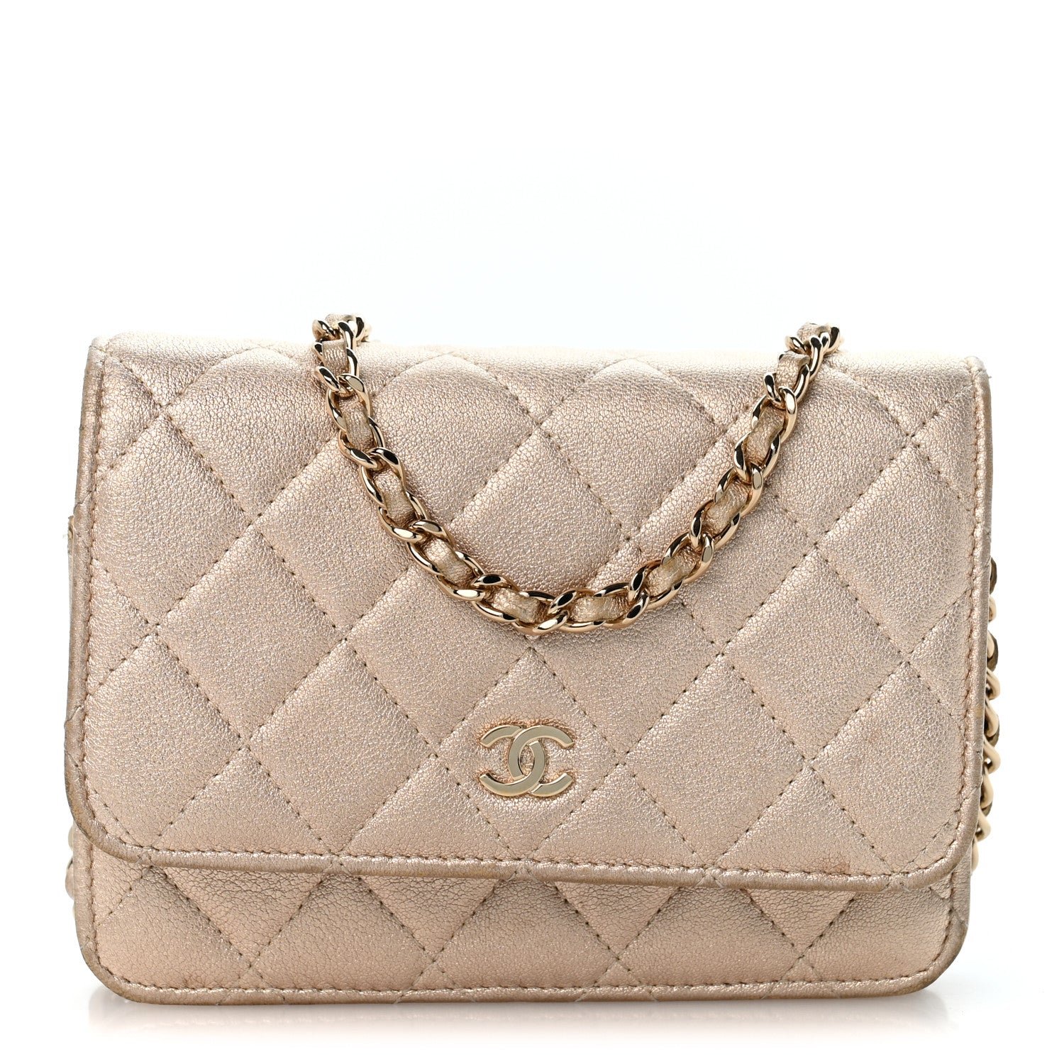 Chanel Metallic Lambskin Quilted Mini Wallet On Chain WOC Gold