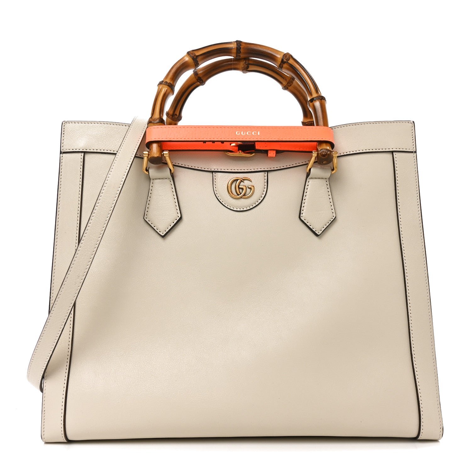 Gucci Wonka Grain Calfskin Medium Diana Tote Bag Mystic White Orange Fluo