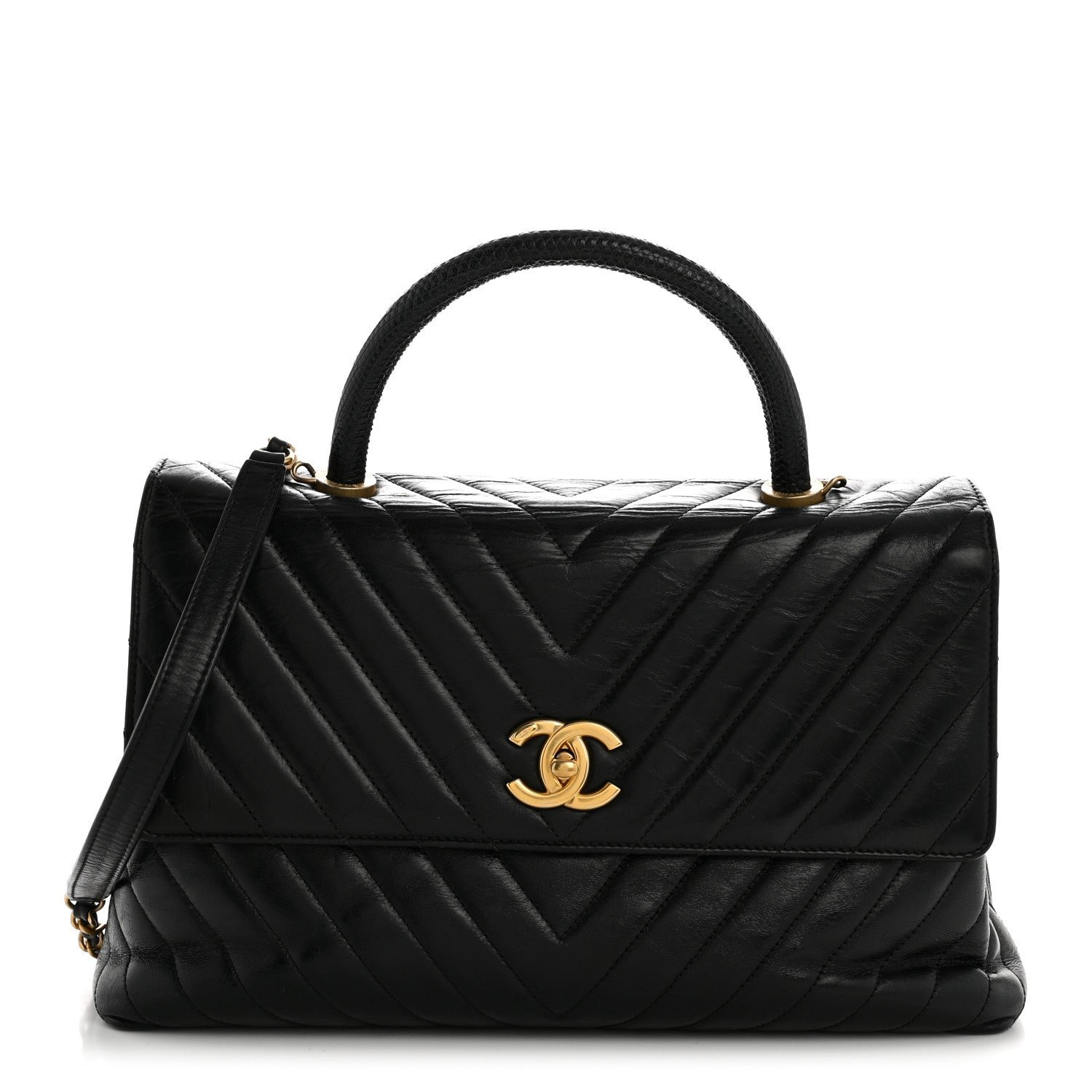 Chanel Calfskin Lizard Chevron Quilted Medium Coco Handle Flap Black