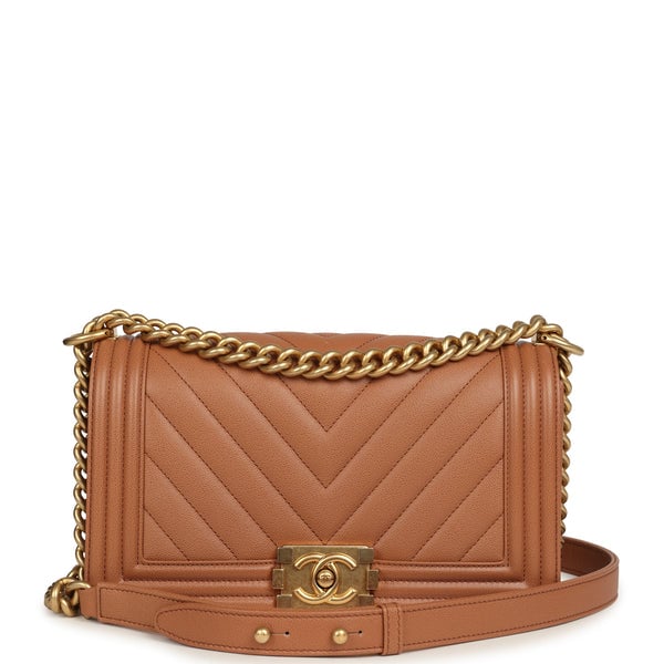 Pre-owned Chanel Medium Chevron Boy Bag Brown Caviar Antique Gold Hardware