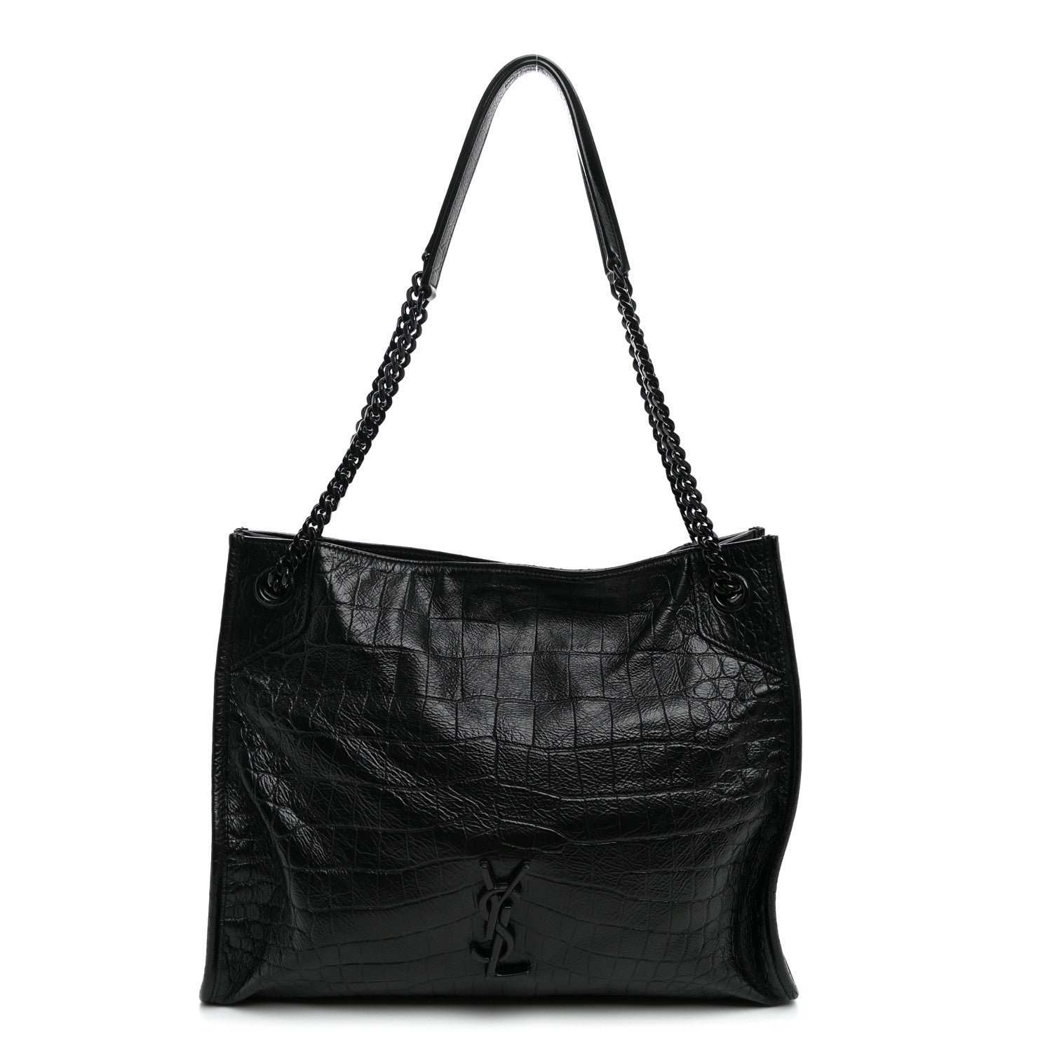 Saint Laurent Calfskin Crocodile Embossed Monogram Medium Niki Shopping Bag Black