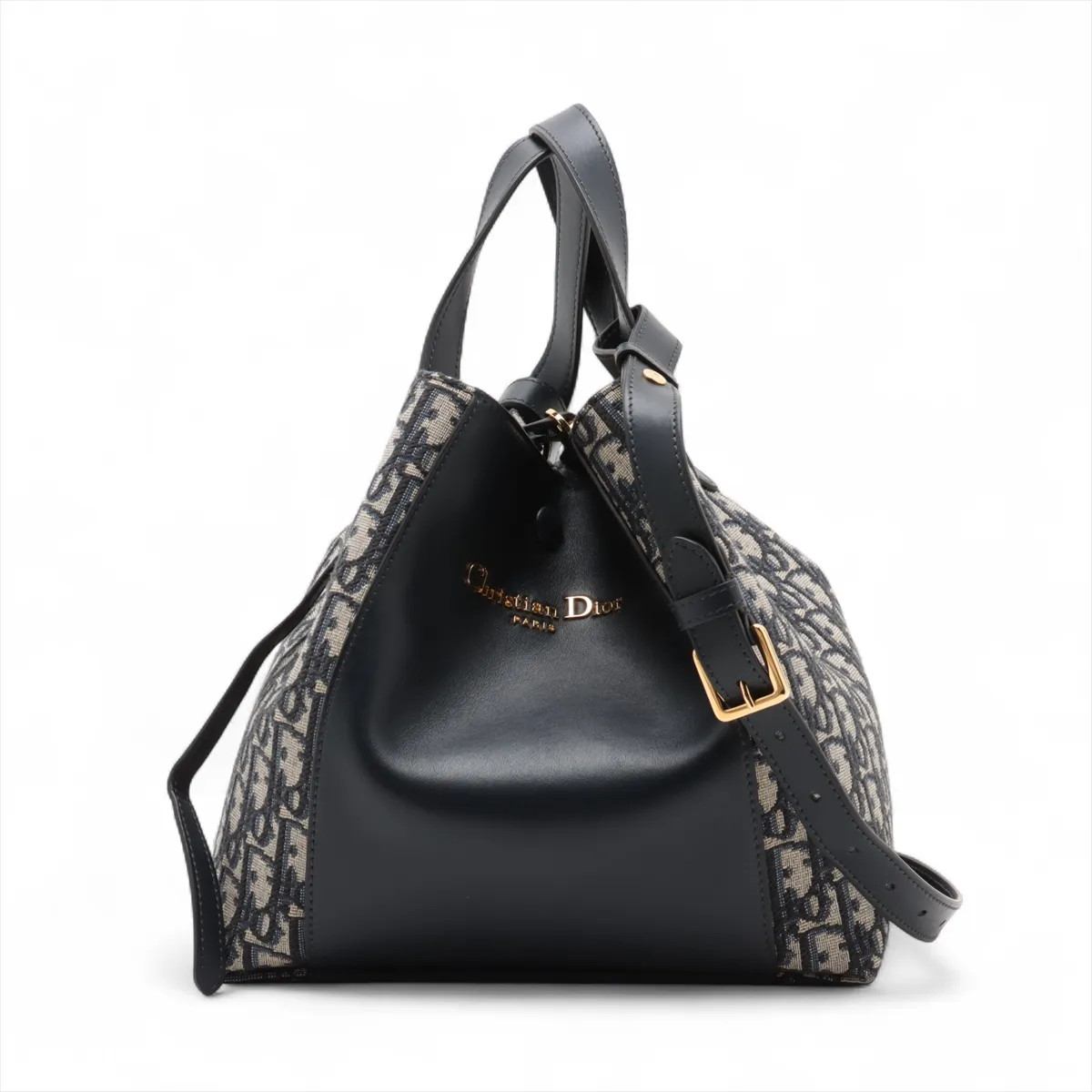 Christian Dior Oblique bucket bag Medium leather x canvas 2 Way Handbag Navy Blu