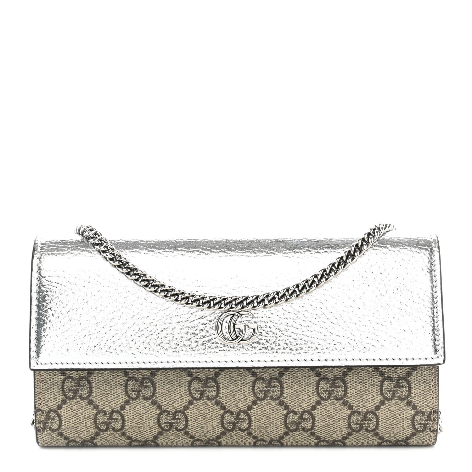 Gucci Metallic Calfskin GG Supreme Monogram Petite GG Marmont Wallet Chain Bag Silver Beige Ebony