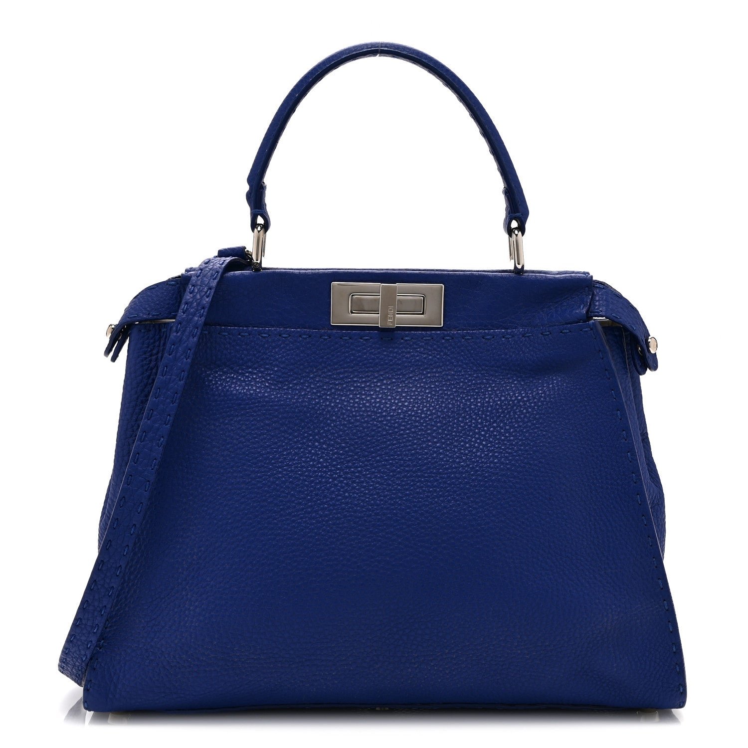 Fendi Cuoio Romano Selleria Bi-Color Medium Peekaboo Iconic Satchel Blue Neon Latte