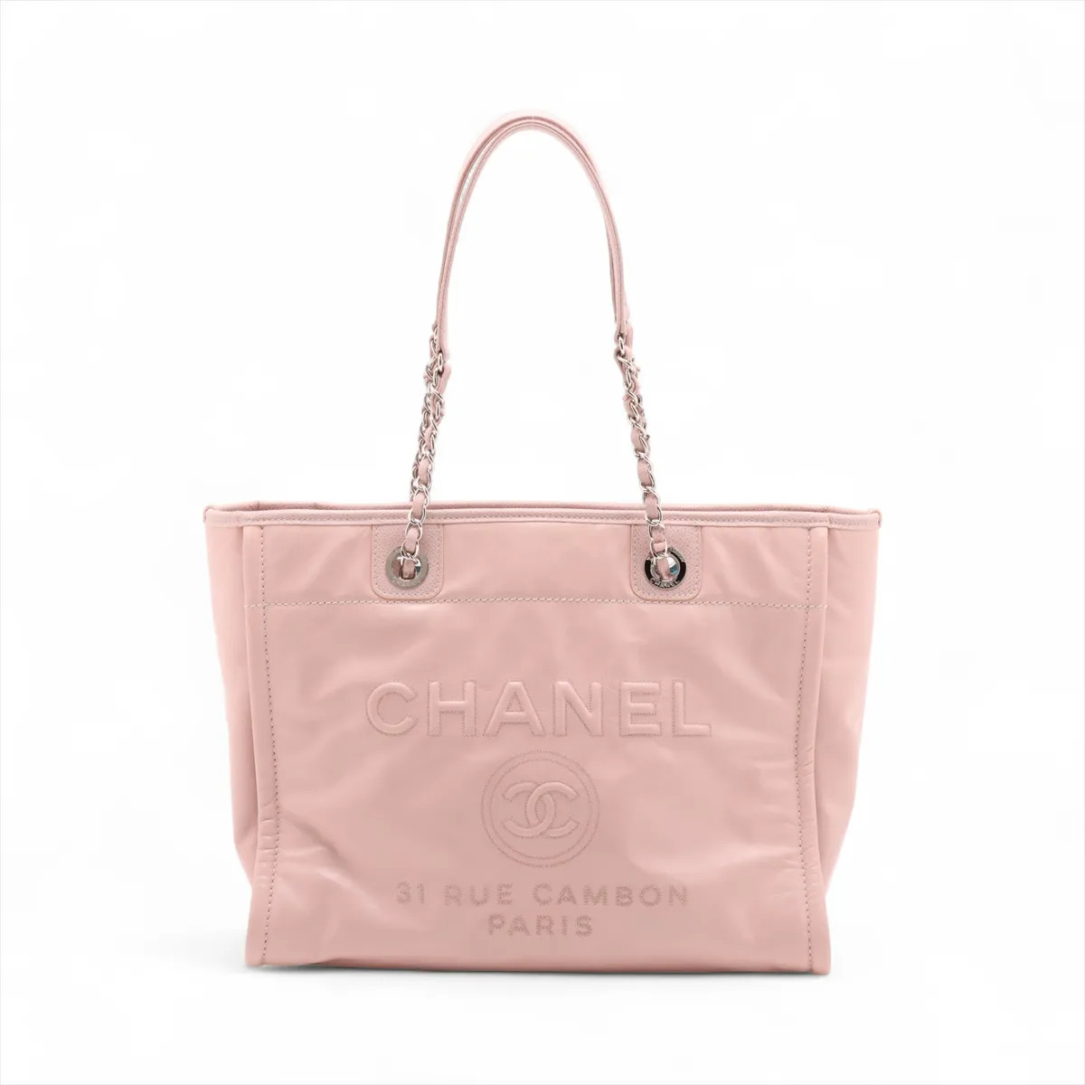 Chanel Deauville MM leather x caviar skin Chain Tote Bag Pink Silver Metal Fitti