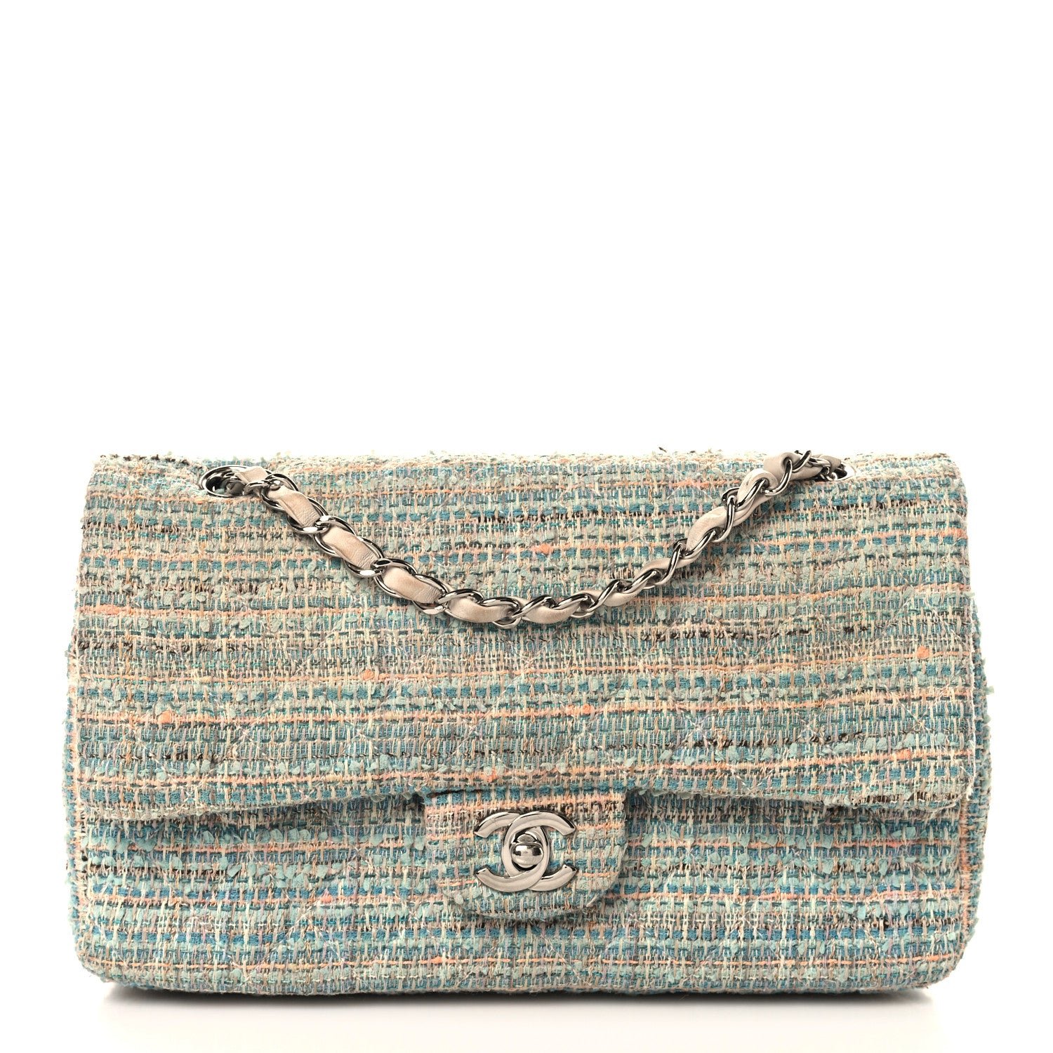 Chanel Tweed Quilted Medium Double Flap Blue Multicolor