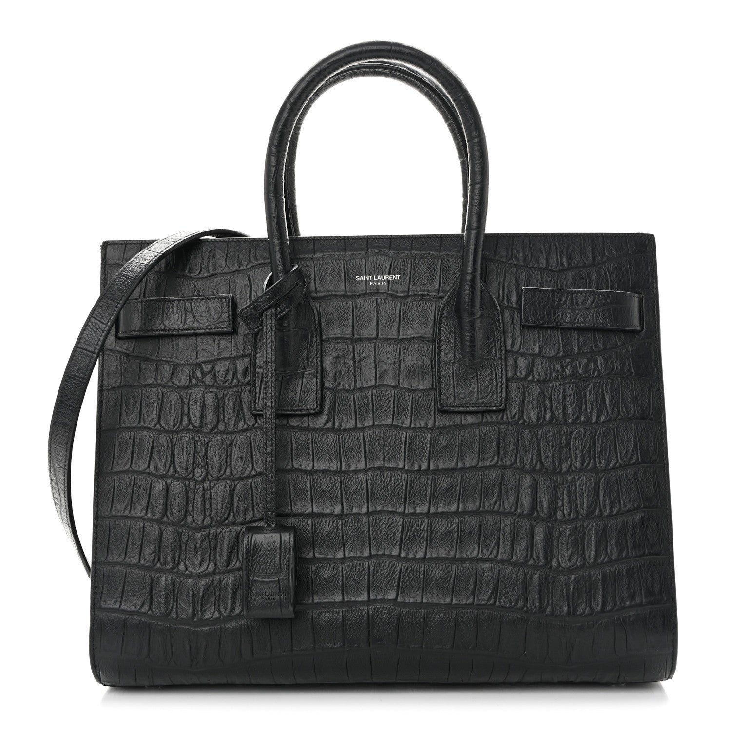 Saint Laurent Calfskin Crocodile Embossed Small Sac de Jour Black