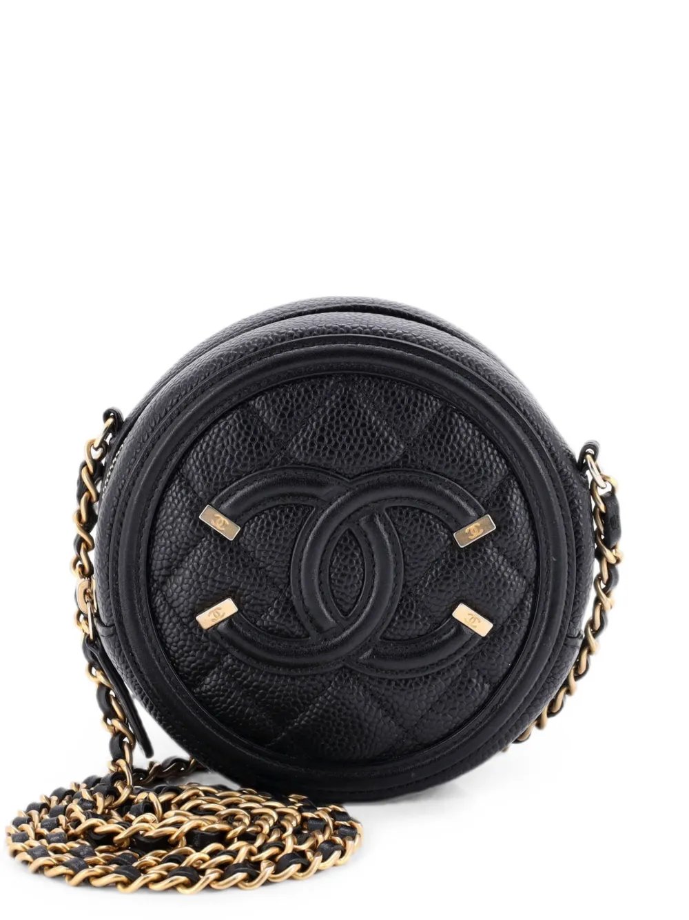 Filigree Round Clutch with Chain Quilted Caviar Mini crossbody bag