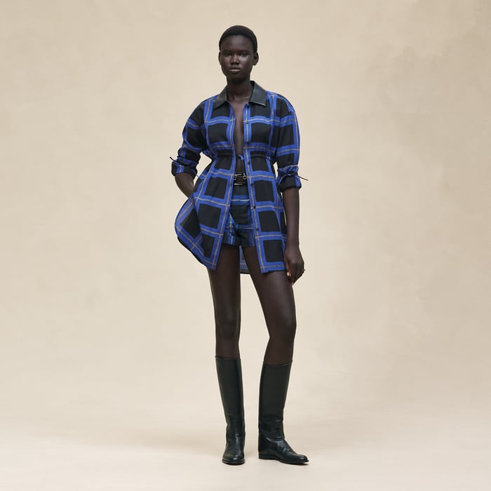 Bleu Noir "Carreaux a Main Levee" Mixed Leather Details Drawstring Shirt