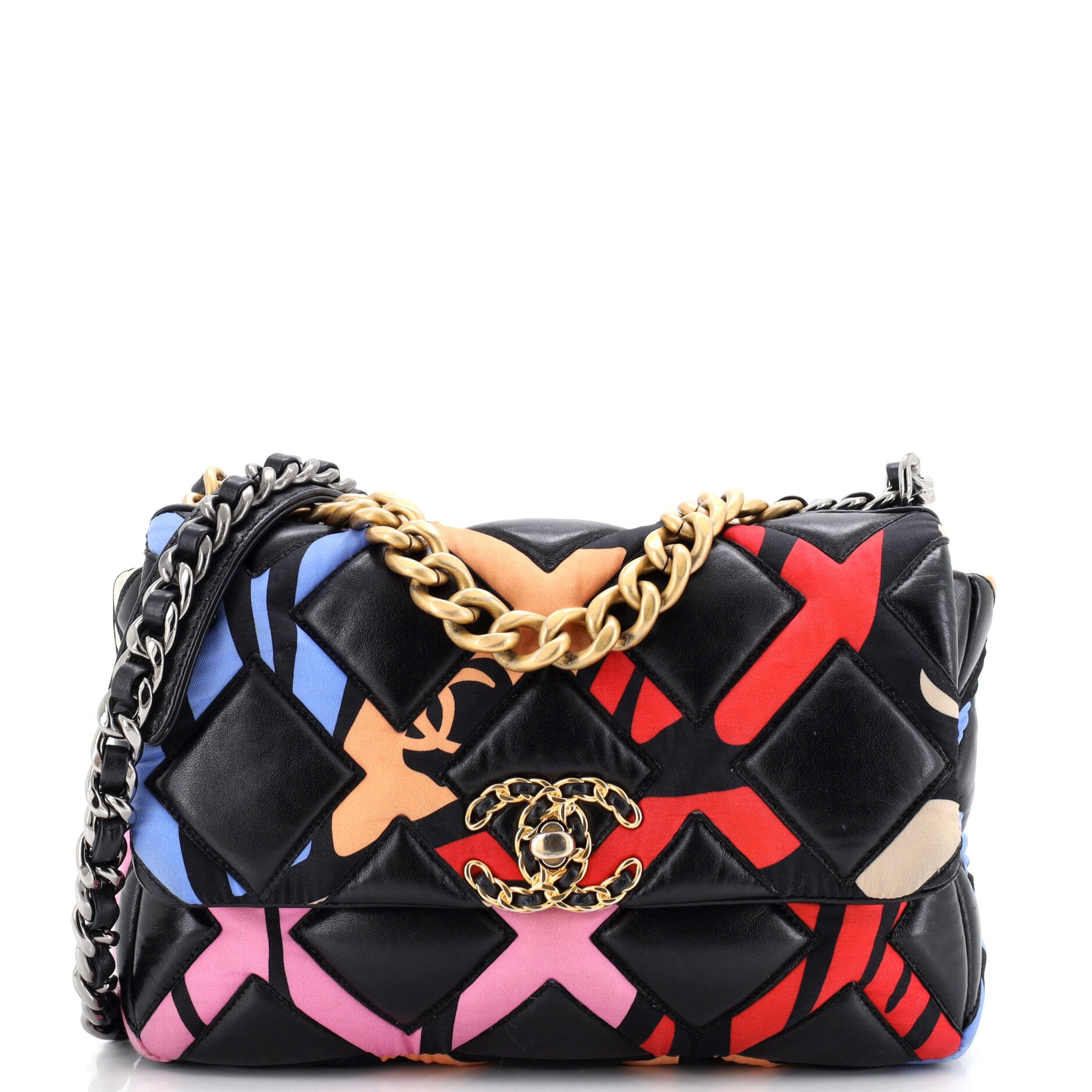 19 Flap Bag Quilted Lambskin and Printed Silk Medium