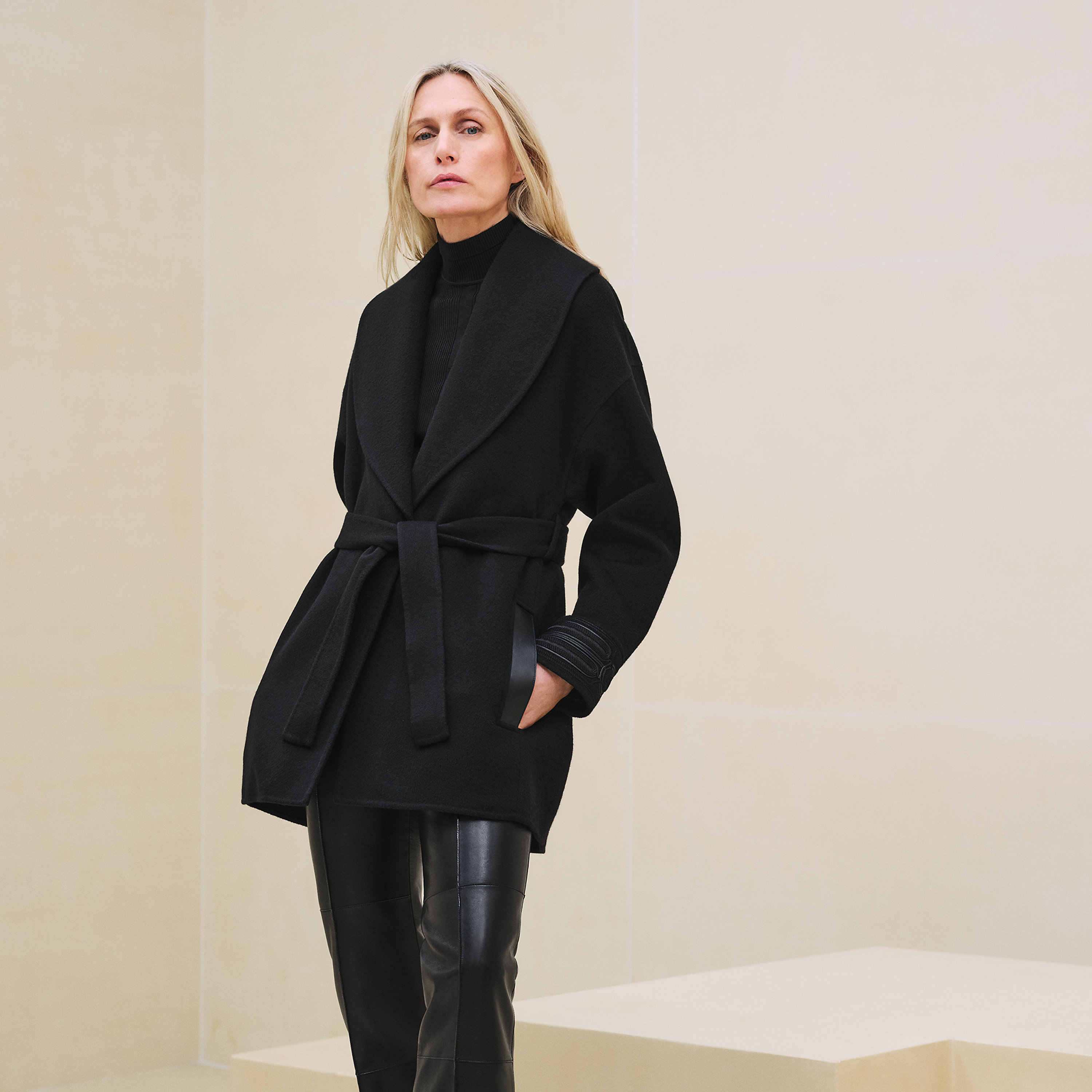 Mixed leather embroidered pea coat