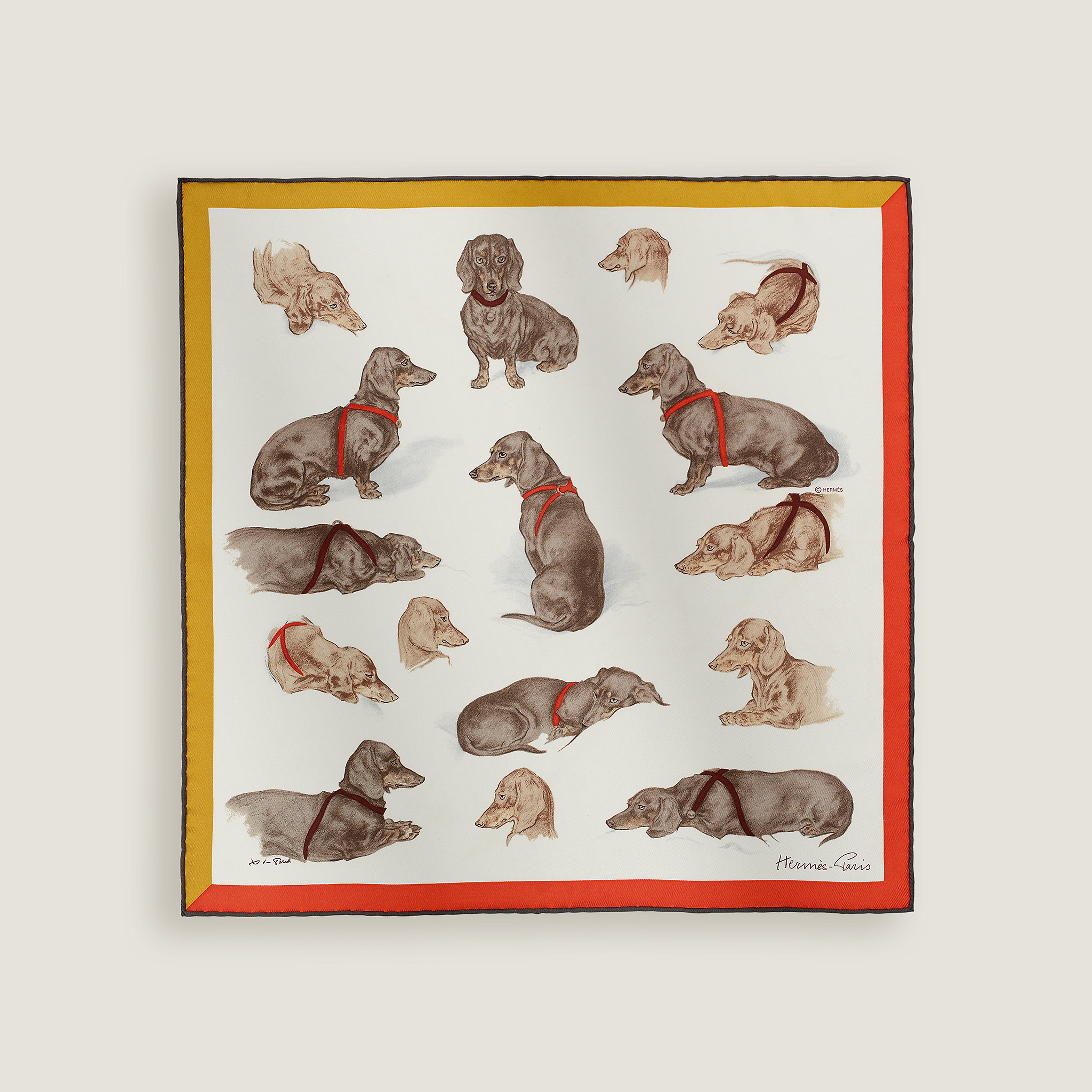 Hermès Les Bassets scarf 45 Blanc/Mordoré/Vermillon | BagUSeek