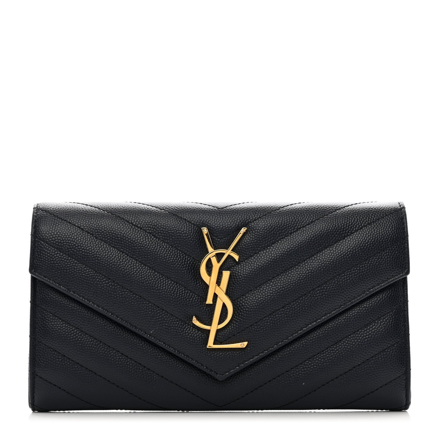 Saint Laurent Grain De Poudre Matelasse Chevron Monogram Flap Wallet Deep Marine