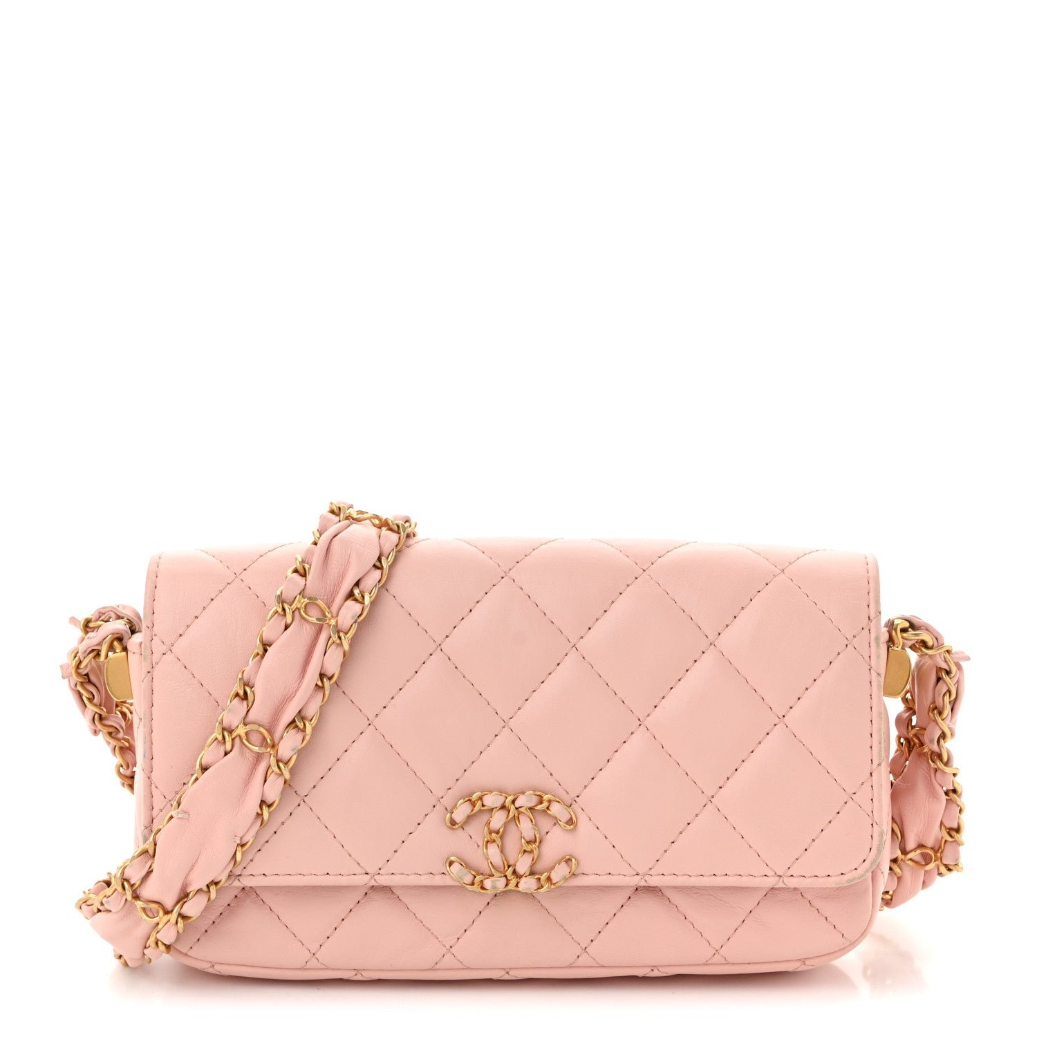 Chanel Crumpled Calfskin Quilted Braided CC Mini Flap Light Pink