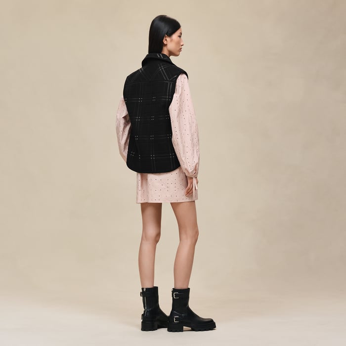 Noir Embroidered Short Vest With Leather Detail