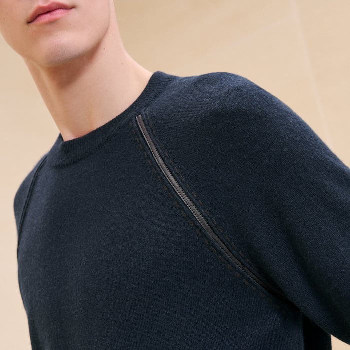Marine Cashmere "Cachemire Detail Cuir" Crewneck Sweater