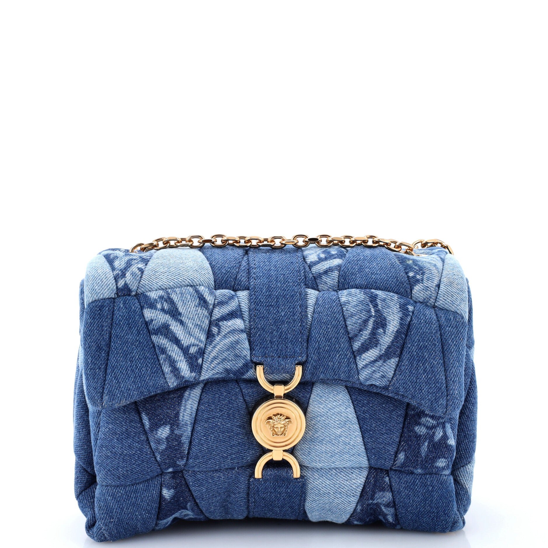 Medusa Chain Flap Shoulder Bag Patchwork Denim