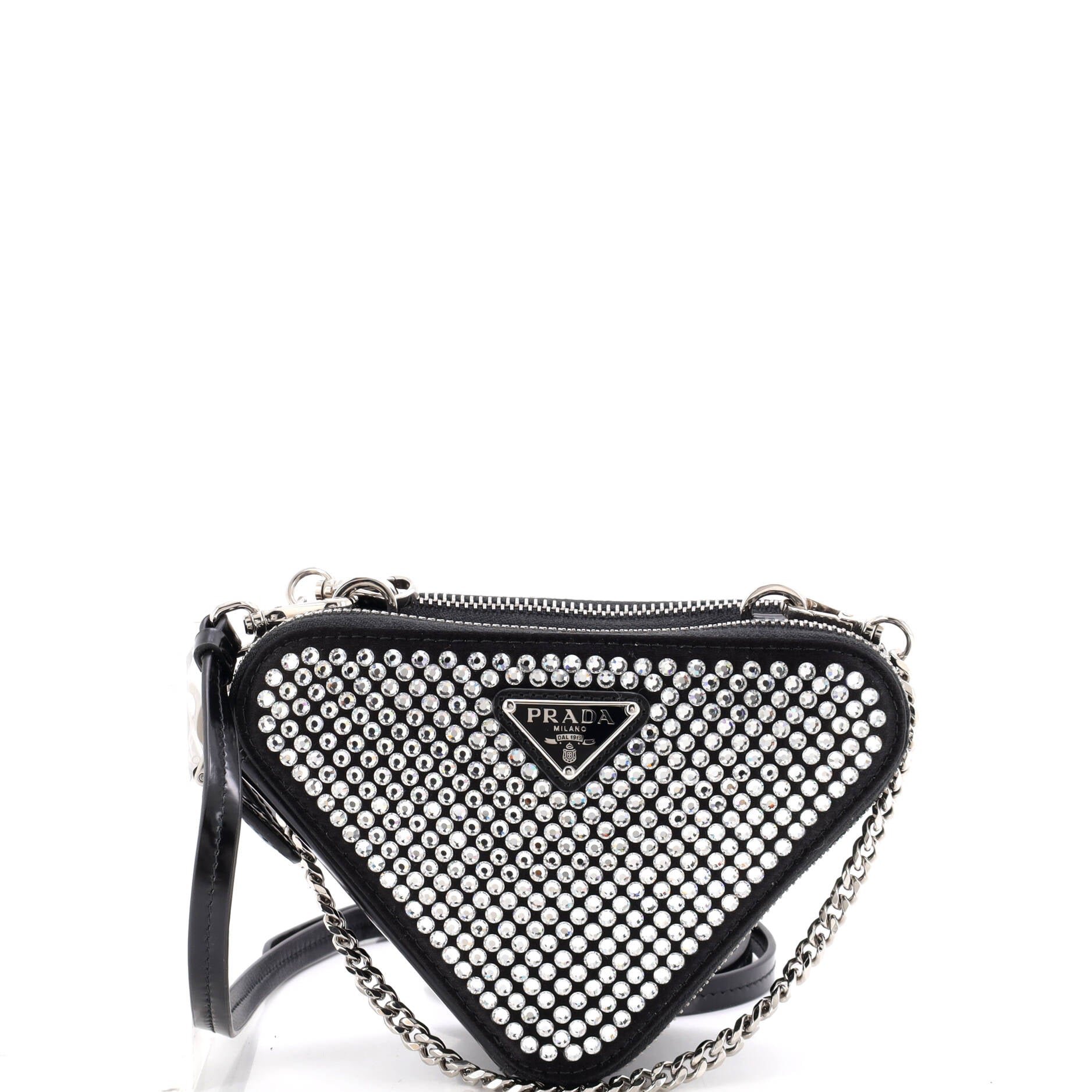 Triangle Double Pouch Crossbody Crystal Embellished Satin Mini