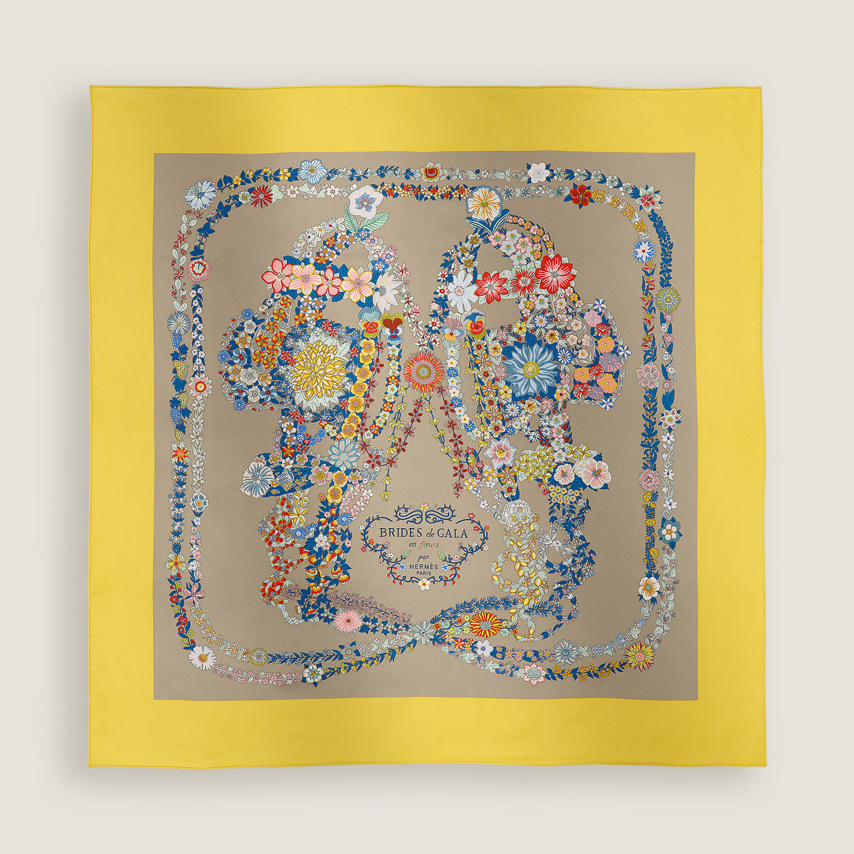 Hermès Brides de Gala en Fleurs scarf 90 Jaune Vif/Gris Acier/Bleu