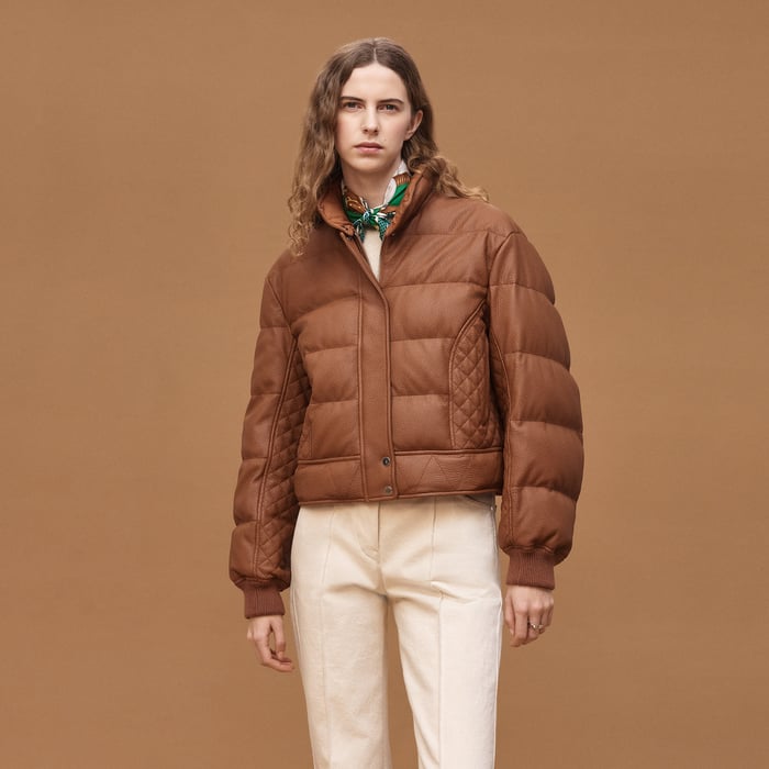 Marron Fauve Leather Puffer Coat