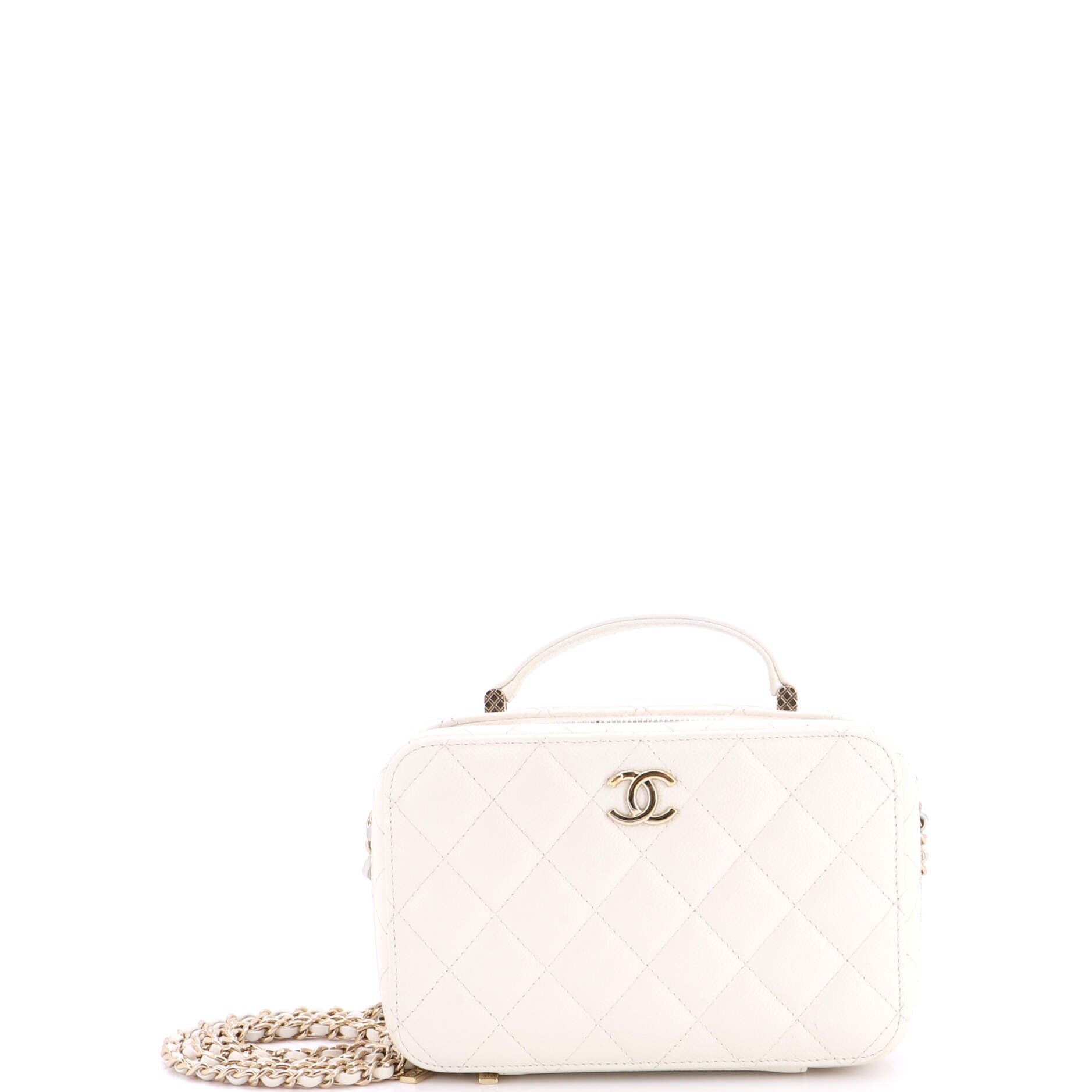 CC Zip Around Top Handle Vanity Case with Chain Quilted Caviar Small