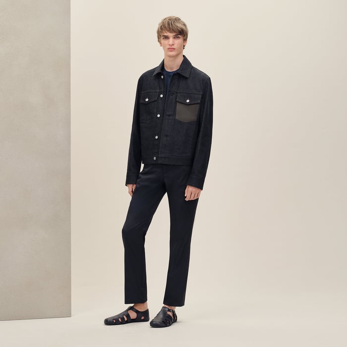 Indigo Straight Cut Jacket With Leather Detail