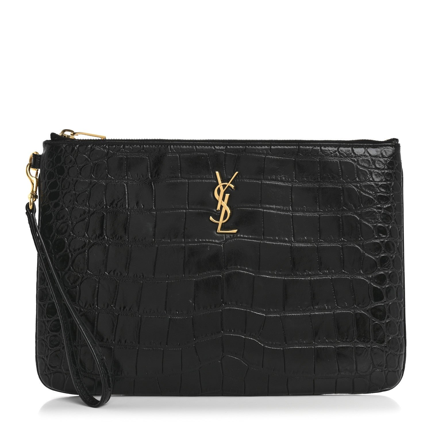Saint Laurent Calfskin Crocodile Embossed Tablet Pouch Black