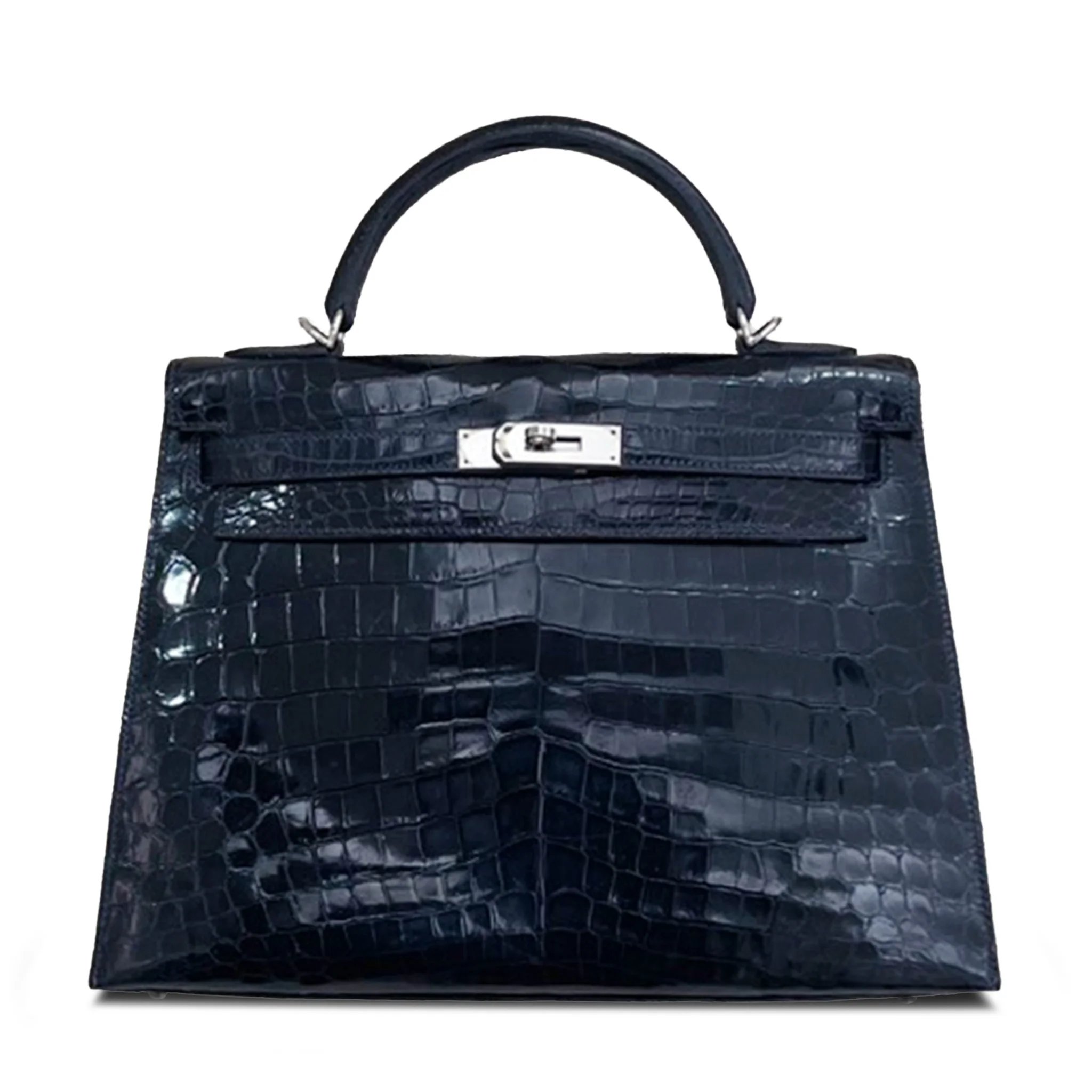 Good ( Rank AB) HERMÈS Kelly 32 Sellier Blue Marine (78) Shiny Niloticus Crocodile Palladium hardware Square R (2014)