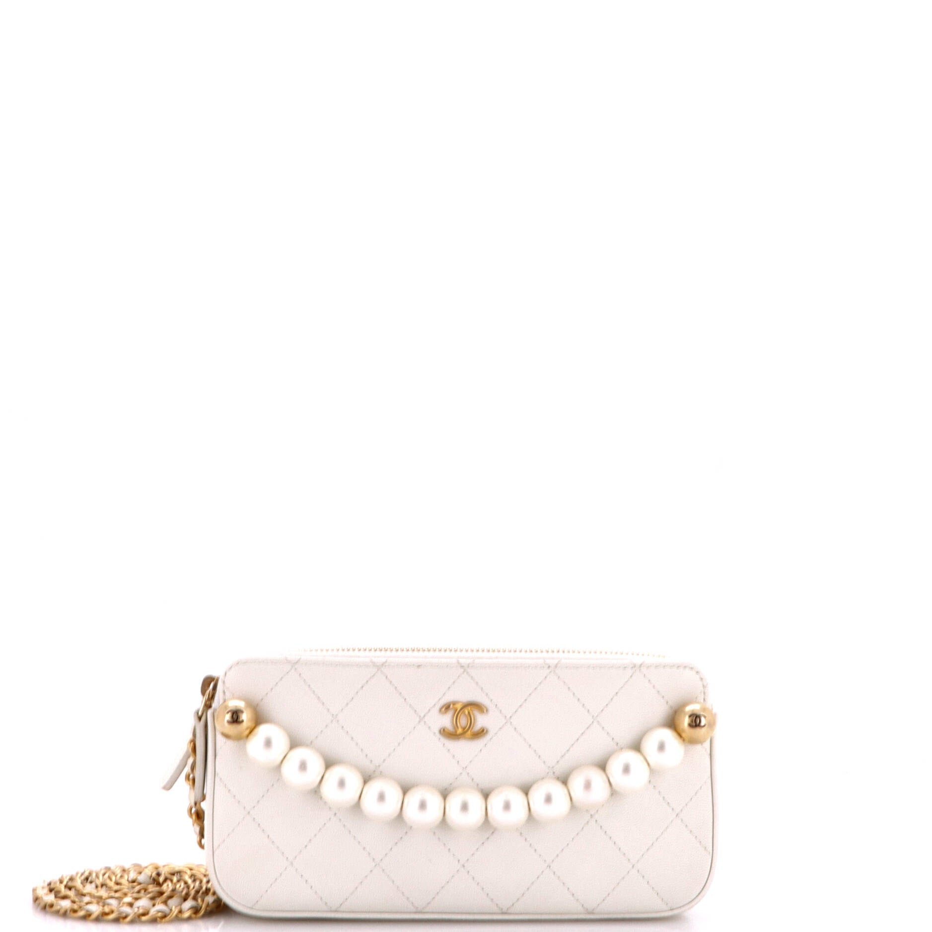 Chic Pearls Double Zip Clutch with Chain Quilted Lambskin