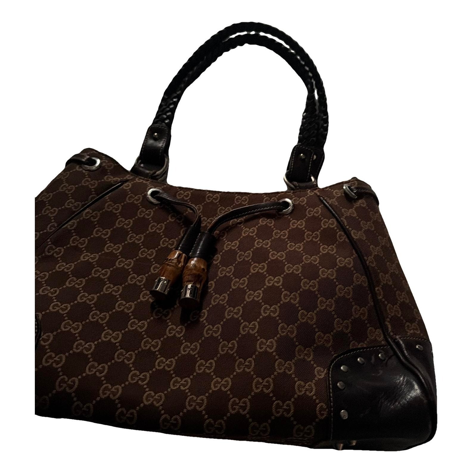 Bamboo patent leather handbag