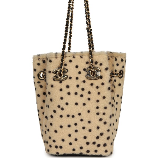 Chanel Mini "Cheetah Print" Bucket Bag with Chain Light Beige Calf Hair and Black Lambskin Gold Hardware