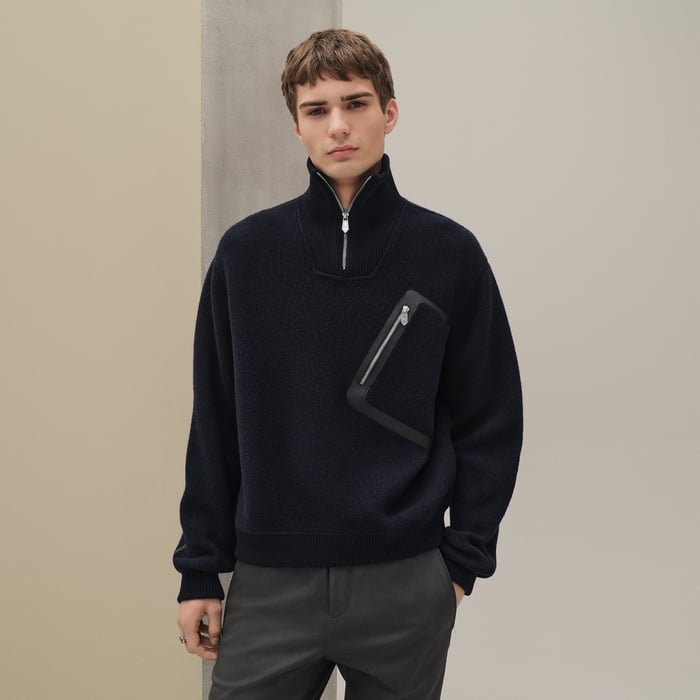 Marine Full-zip Sweater With Leather Detail