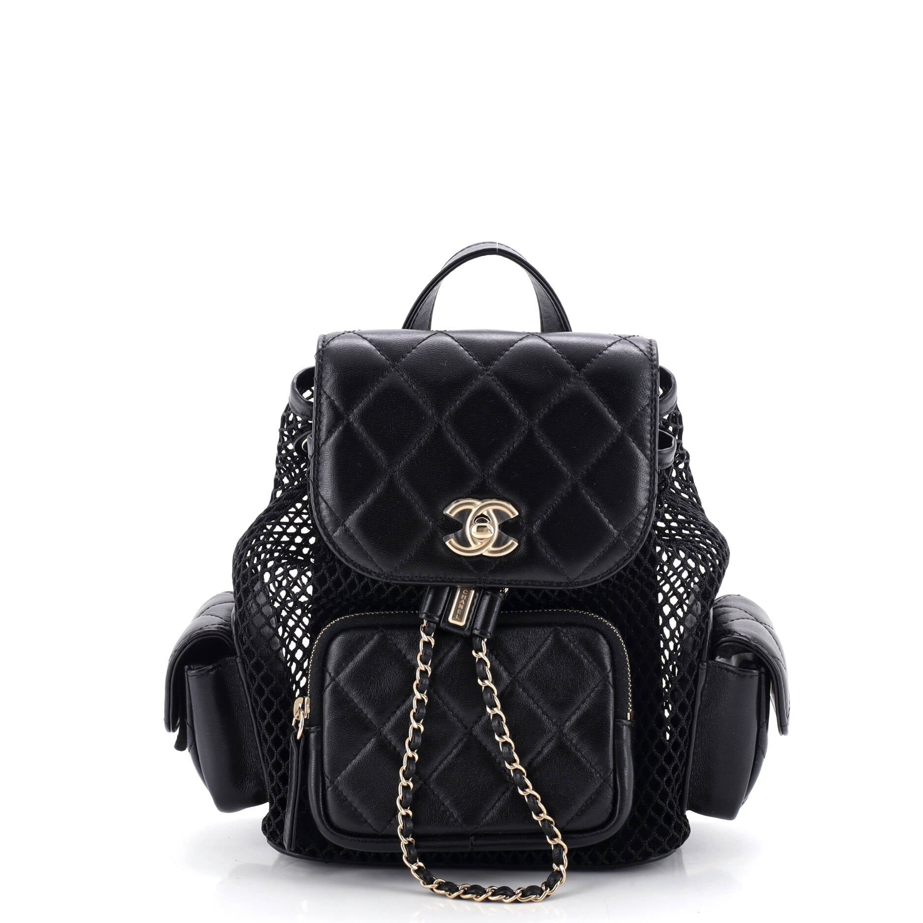 Multipocket Drawstring Backpack Mesh with Quilted Lambskin Small
