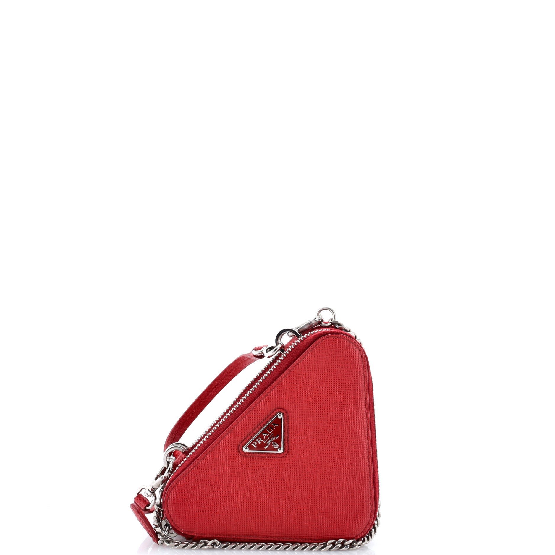 Triangle Double Zip Pouch Bag with Chain Saffiano Leather Mini