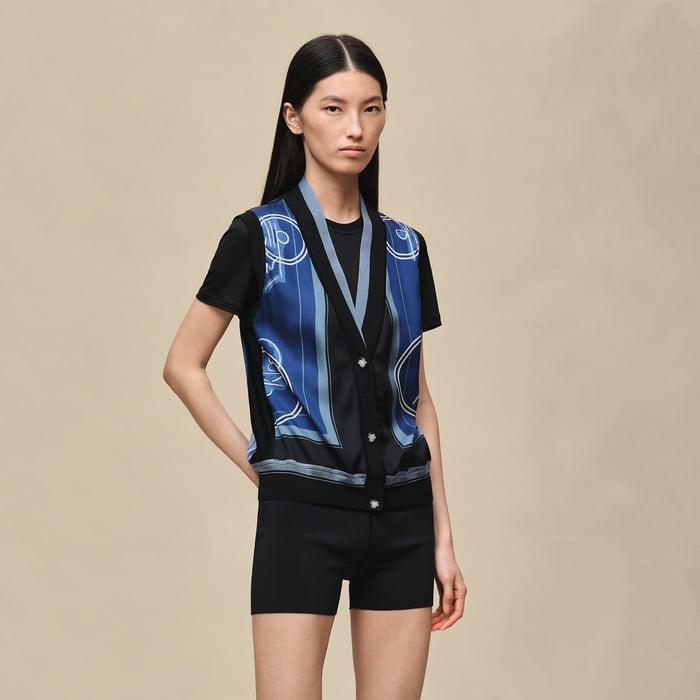 Bleu Lagune "Ex-libris a Main Levee" Sleeveless Twillaine Cardigan