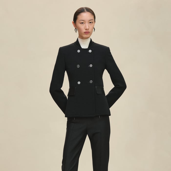 Noir Short Pea Coat With Leather Details